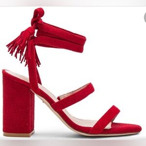 Stone Cold Fox x RAYE Red Suede Ankle Wrap Tassel Heels 5.5